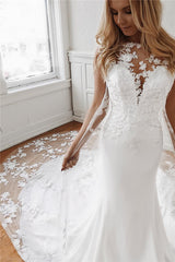 Elegant Long Tulle Lace Appliques White Mermaid Wedding Dresses