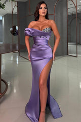 Sexy Strapless Open Back Satin Beaded Long Mermaid Prom Dress with Slit