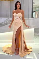 Sexy Long Mermaid Sweetheart Satin Beading Formal Prom Dresses with Slit