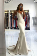 Elegant Long Mermaid V-neck Open Back Satin Prom Dress