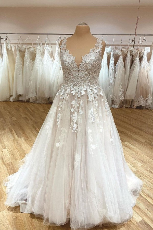 Plus Size Long A-Line V-neck Spaghetti Straps Appliques Lace Ruffles Tulle Wedding Dress
