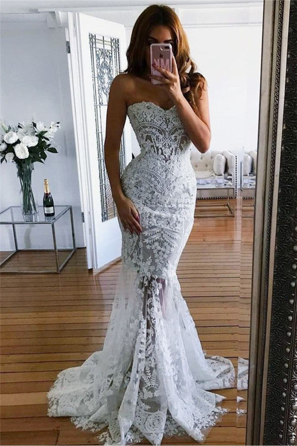 Modest Long Mermaid Sweetheart Lace Appliques Wedding Dresses