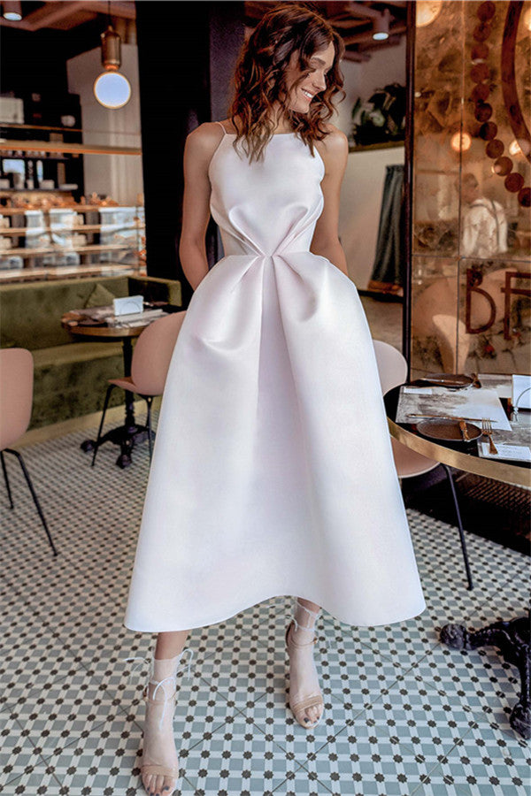 Short A-line Spaghetti Straps Satin Formal Dress with Pockets