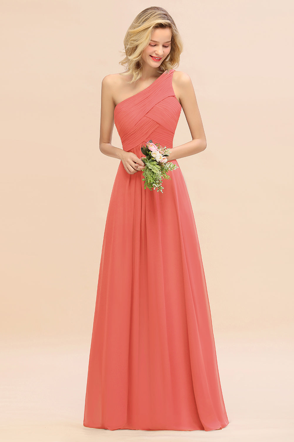 Elegant A-line Chiffon Ruffles One Shoulder Long Bridesmaid Dress