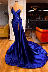 Long Mermaid Royal Blue V-neck Sleeveless Prom Dress With Split
