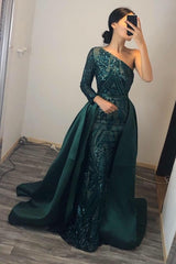 One Shoulder Long Sleeve Beading Sequins Floor Length Mermaid Formal Dress