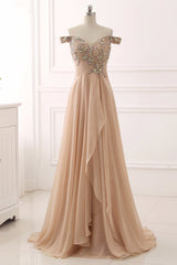 Long A-Line Off the Shoulder Beading Ruffles Chiffon Prom Dress