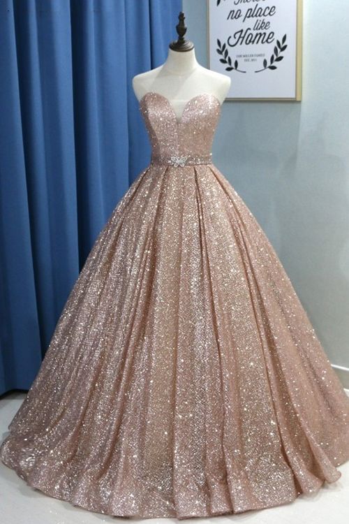 Shiny Long Sweetheart Sequins Floor Length Ruffles Ball Gown Prom Dress