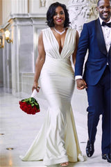 White Long Mermaid V-neck Straps Satin Formal Evening Dress