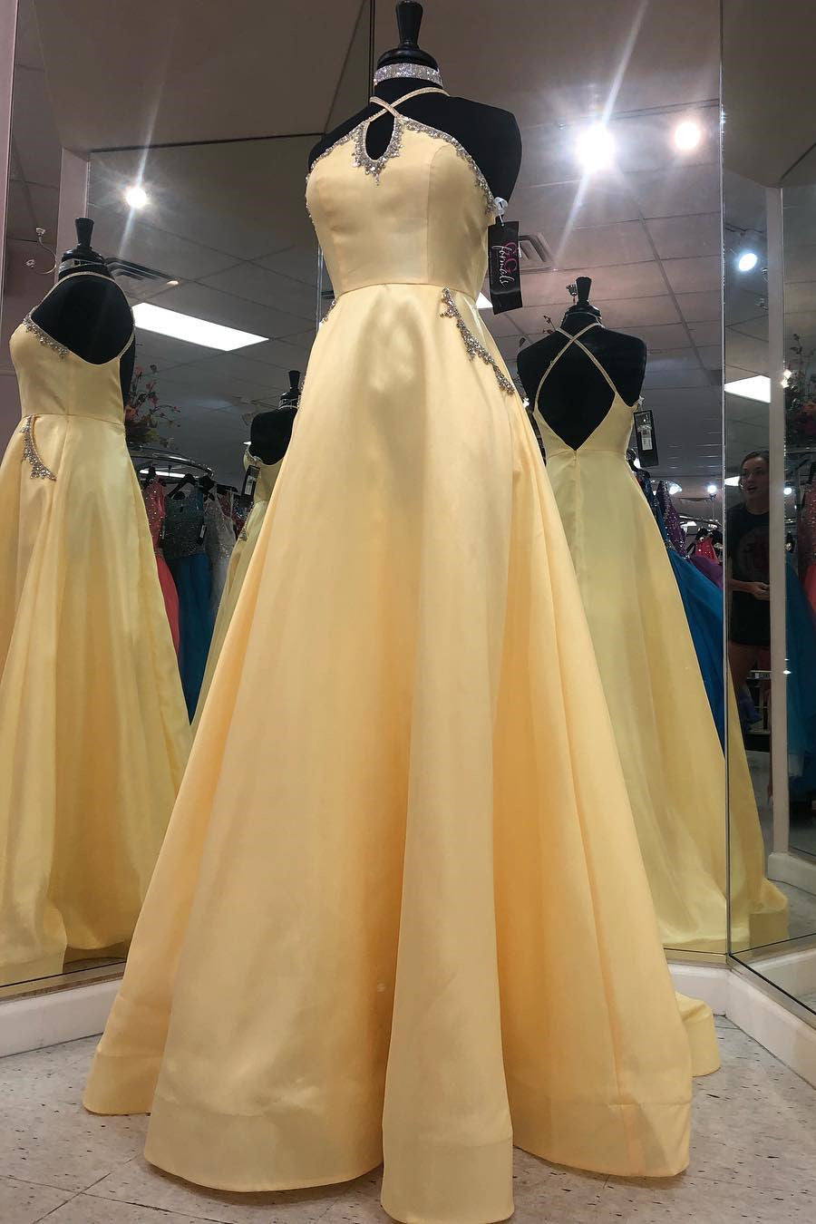 Long Halter Satin A-line Satin Backless Prom Dress