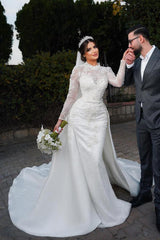 Long Sleeves High Neck Satin Lace Mermaid Wedding Dresses with Chapel Train