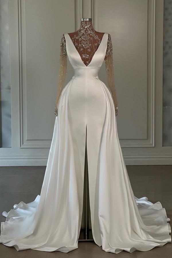White Long Mermaid V-neck Satin Court Train Prom Dresses with Slit