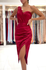 Short Mermaid One Shoulder Stretch Satin Party Dress with slit