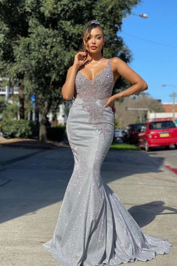 Luxury Long V-neck Spaghetti Straps Backless Sequins Mermaid Prom Dress