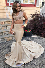 Two Piece Long Mermaid V-neck Appliques Lace Prom Dress
