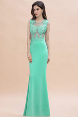 Charming Satin Crew Neck Lace Appliques Mermaid Sleeveless Long Bridesmaid Dress
