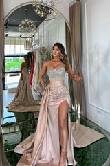 Luxury Mermaid Sweetheart Satin Long Beading Prom Dress with Split