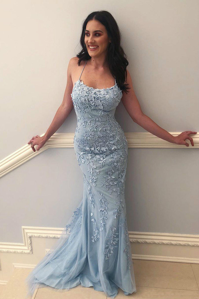 Sky Blue Long Mermaid Tulle Open Back Prom Dress with Appliques Lace