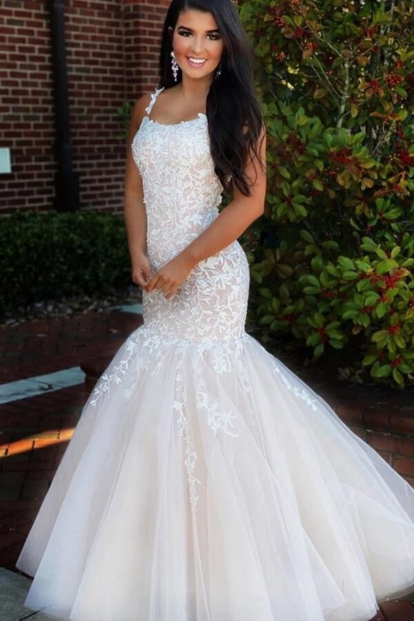 Long Spaghetti Straps Backless Appliques Lace Tulle Ruffles Mermaid Prom Dress