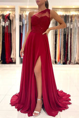 Long A-Line One Shoulder Appliques Lace Ruffles Chiffon Prom Dress With Slit