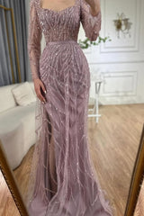 Long Sleeve Sequined Mermaid Formal Evening Dresses with Slit