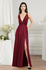 Simple A-line V-neck Backless Floor Length Formal Dress With Split