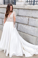 Long A-Line Deep V-neck Appliques Lace Open Back Floor Length Satin Wedding Dress	 with Pockets
