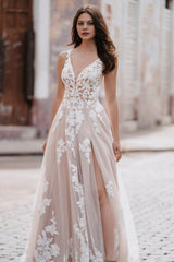 V-Neck A-line Backless Long Tulle Appliques Lace Wedding Dress	 with Slit