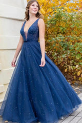 Elegant Long V-neck Wide Straps A-line Floor Length Tulle Ruffles Prom Dress