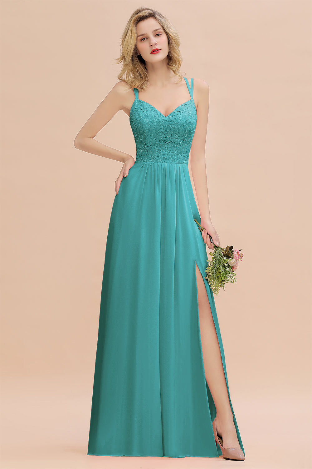 Beautiful A-Line Chiffon Spaghetti Straps Sweetheart Floor Length Split Bridesmaid Dress