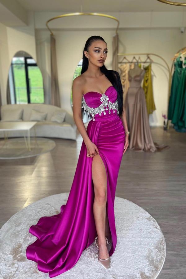 Long Mermaid Appliques Lace Sweetheart Satin Slit Satin Prom Dress