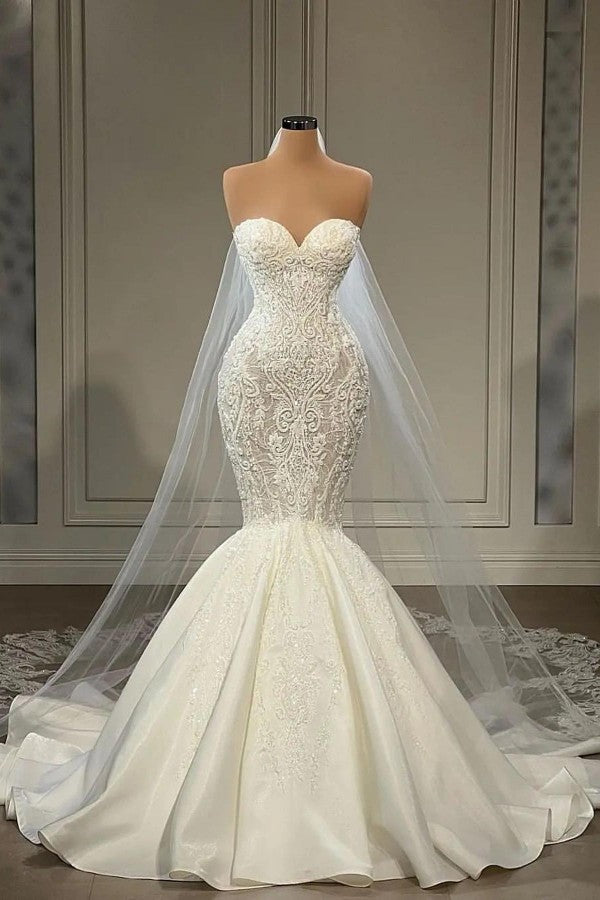 Gorgeous Long Mermaid Sweetheart Satin Lace Wedding Dresses with Appliques Beads