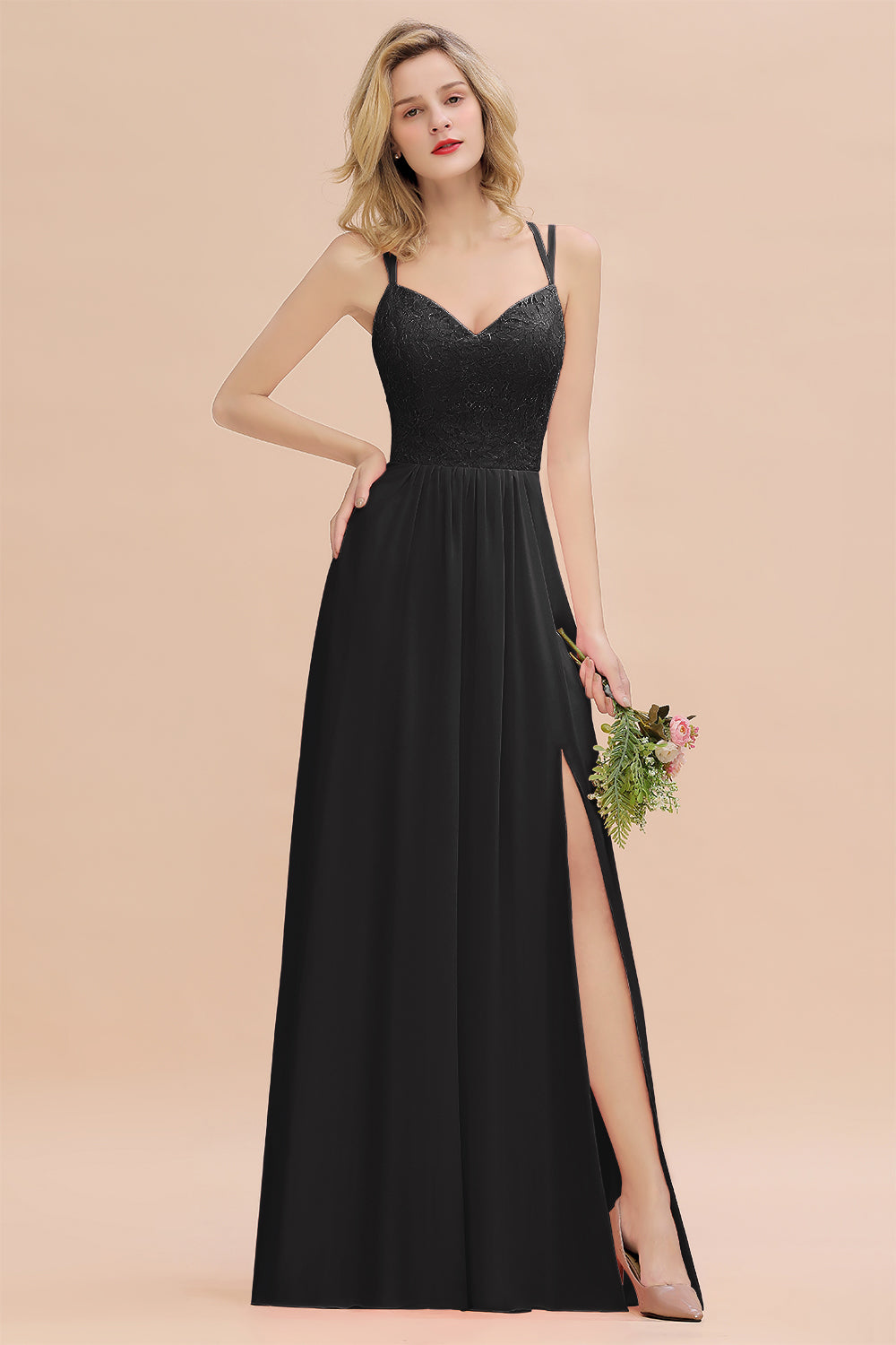 Beautiful A-Line Chiffon Spaghetti Straps Sweetheart Floor Length Split Bridesmaid Dress