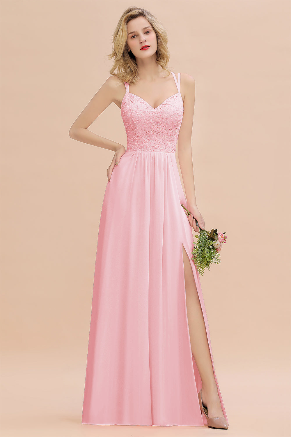 Beautiful A-Line Chiffon Spaghetti Straps Sweetheart Floor Length Split Bridesmaid Dress