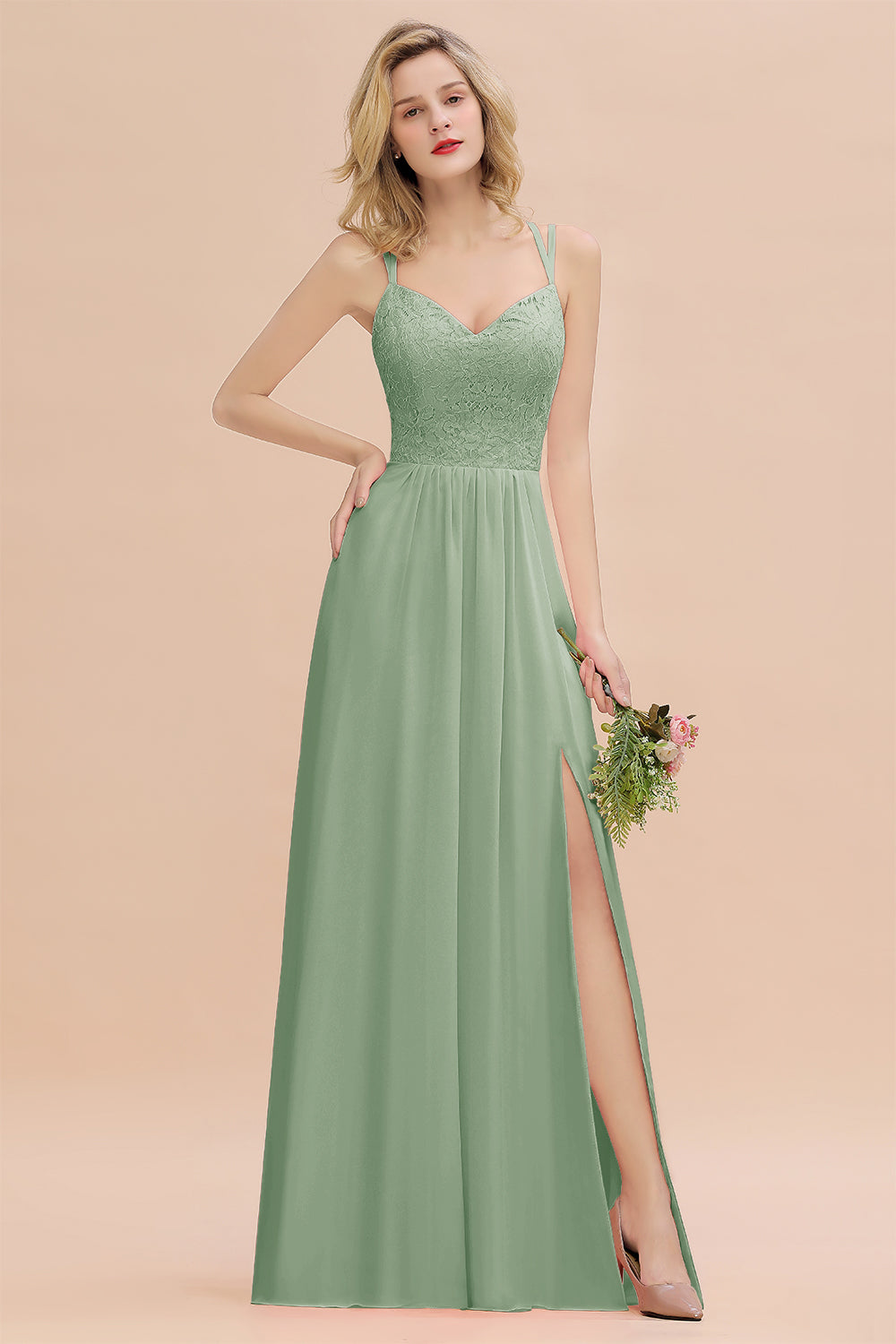 Beautiful A-Line Chiffon Spaghetti Straps Sweetheart Floor Length Split Bridesmaid Dress