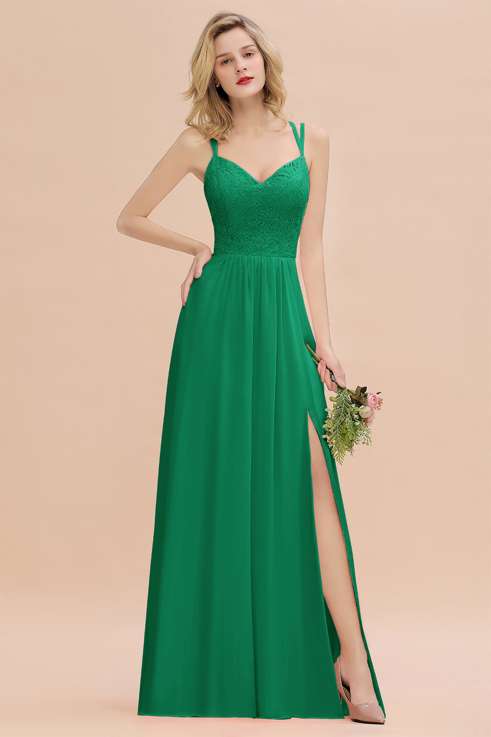 Beautiful A-Line Chiffon Spaghetti Straps Sweetheart Floor Length Split Bridesmaid Dress