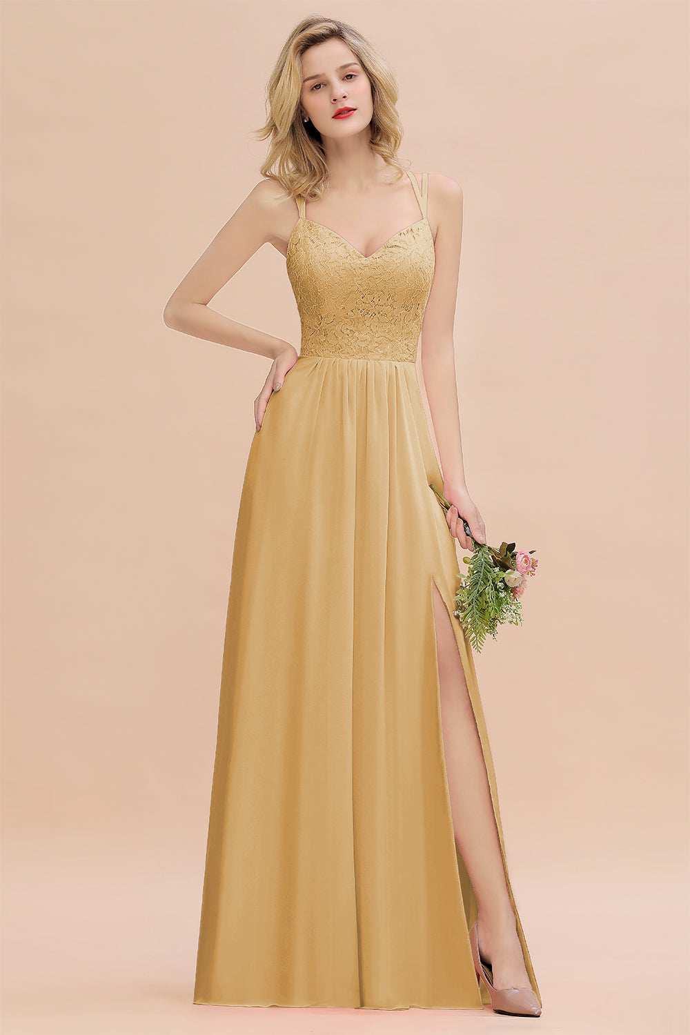 Beautiful A-Line Chiffon Spaghetti Straps Sweetheart Floor Length Split Bridesmaid Dress