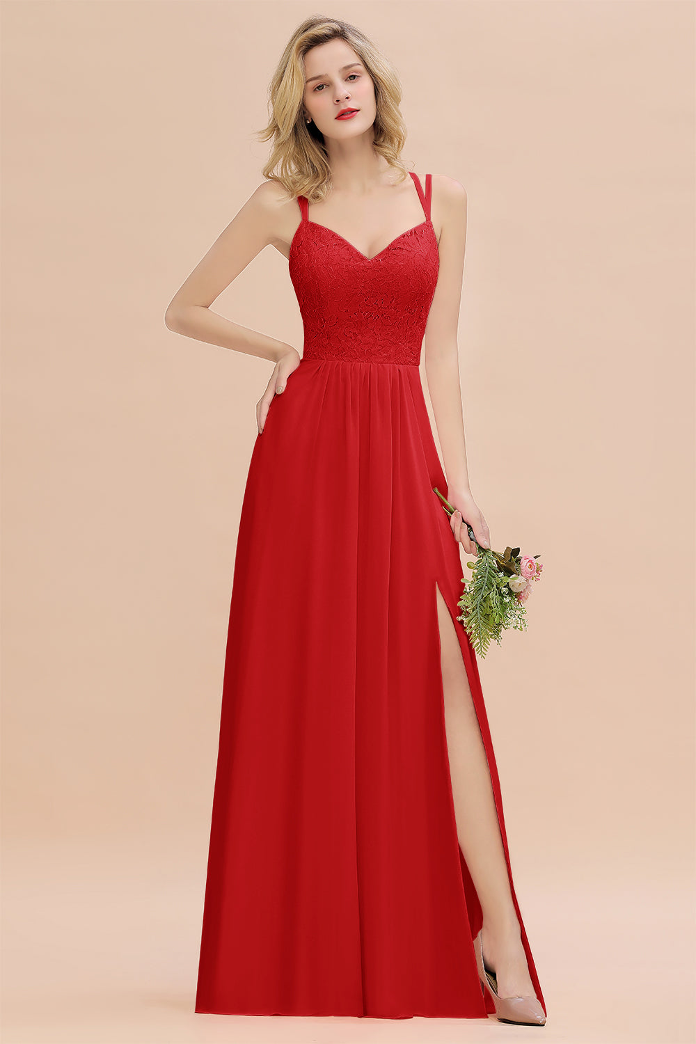Beautiful A-Line Chiffon Spaghetti Straps Sweetheart Floor Length Split Bridesmaid Dress