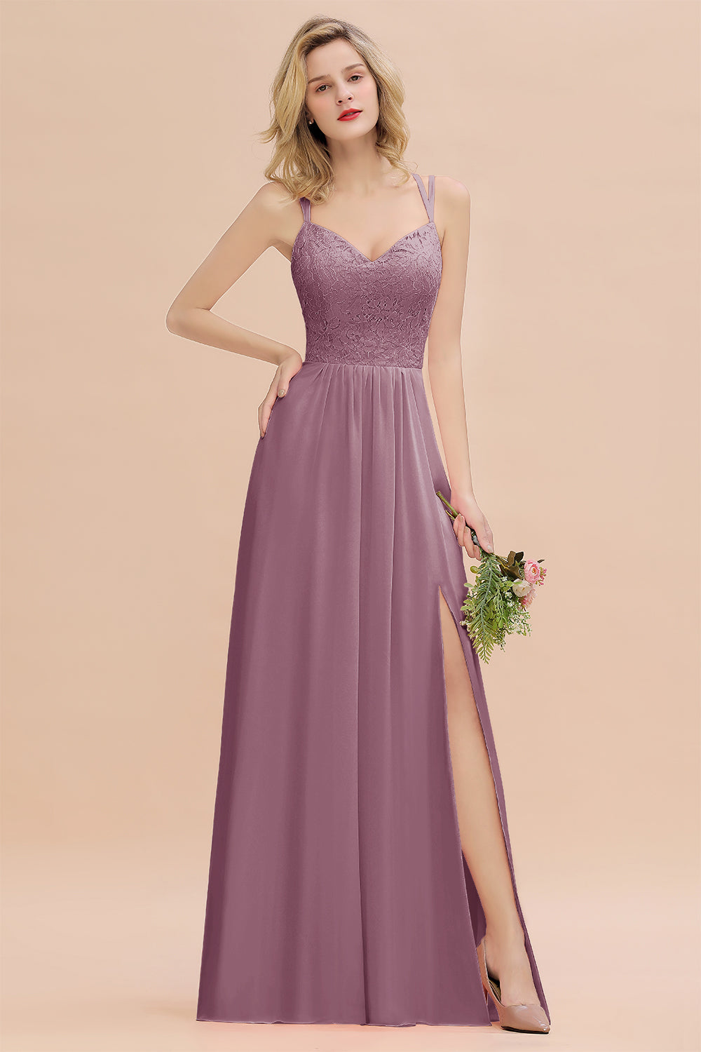 Beautiful A-Line Chiffon Spaghetti Straps Sweetheart Floor Length Split Bridesmaid Dress