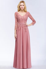 A-line Chiffon Appliques V-Neck Long-Sleeves Floor Length Bridesmaid Dresses