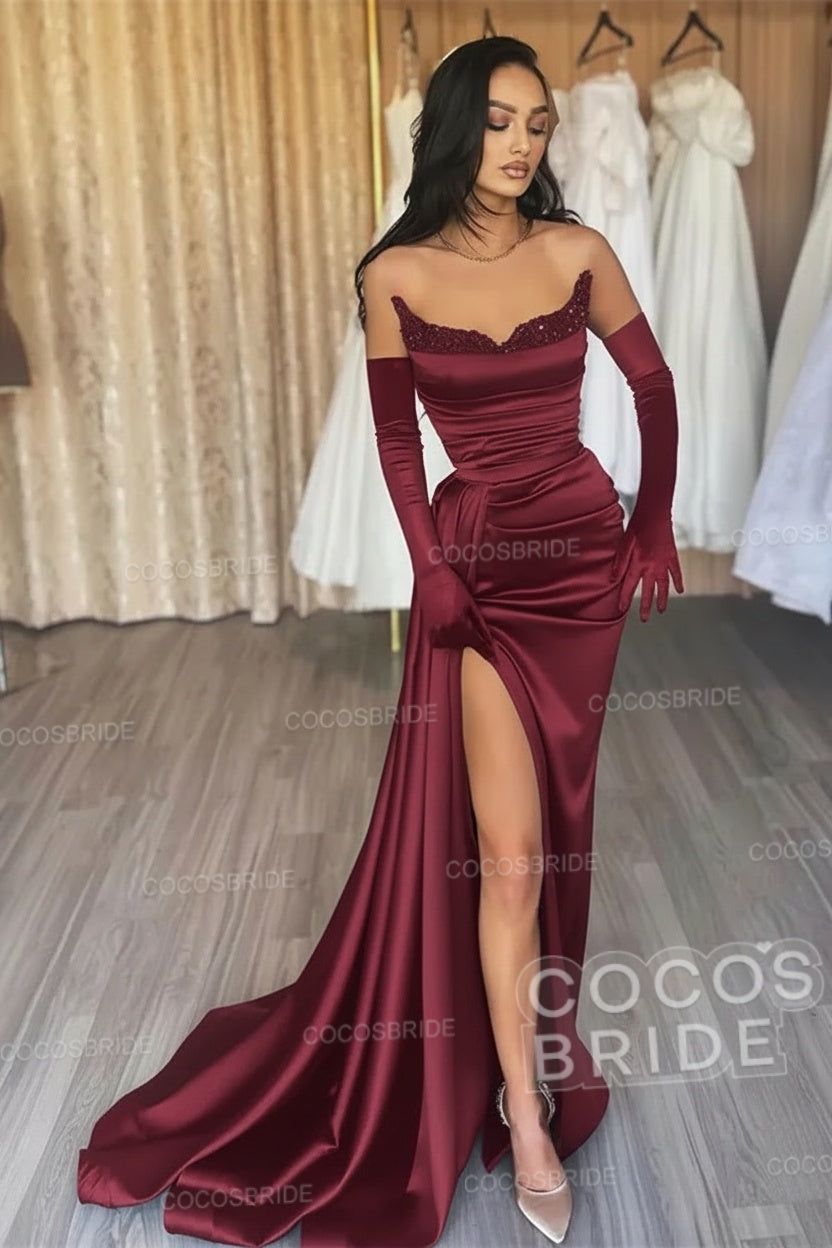 Black Long Mermaid Satin Sweetheart High Split Prom Dresses
