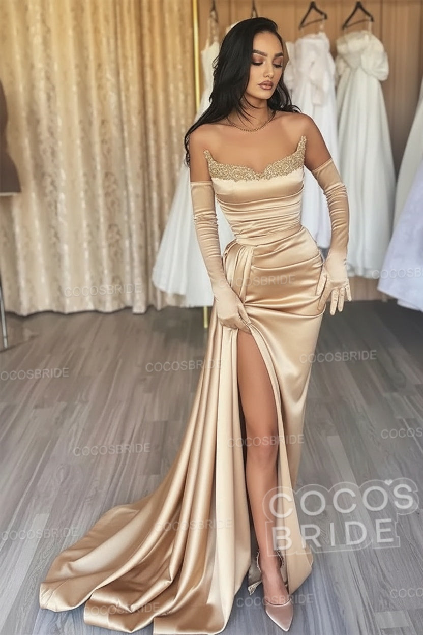 Black Long Mermaid Satin Sweetheart High Split Prom Dresses