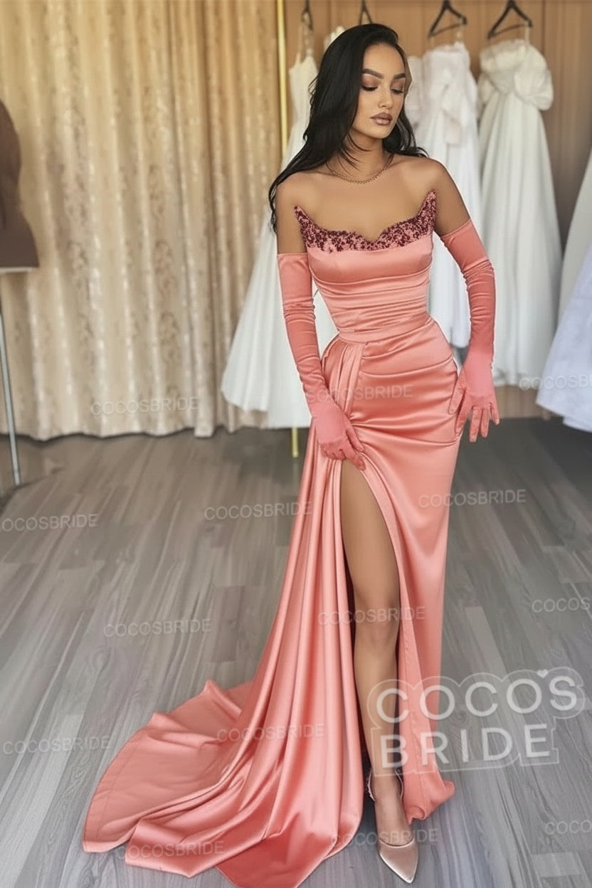 Black Long Mermaid Satin Sweetheart High Split Prom Dresses