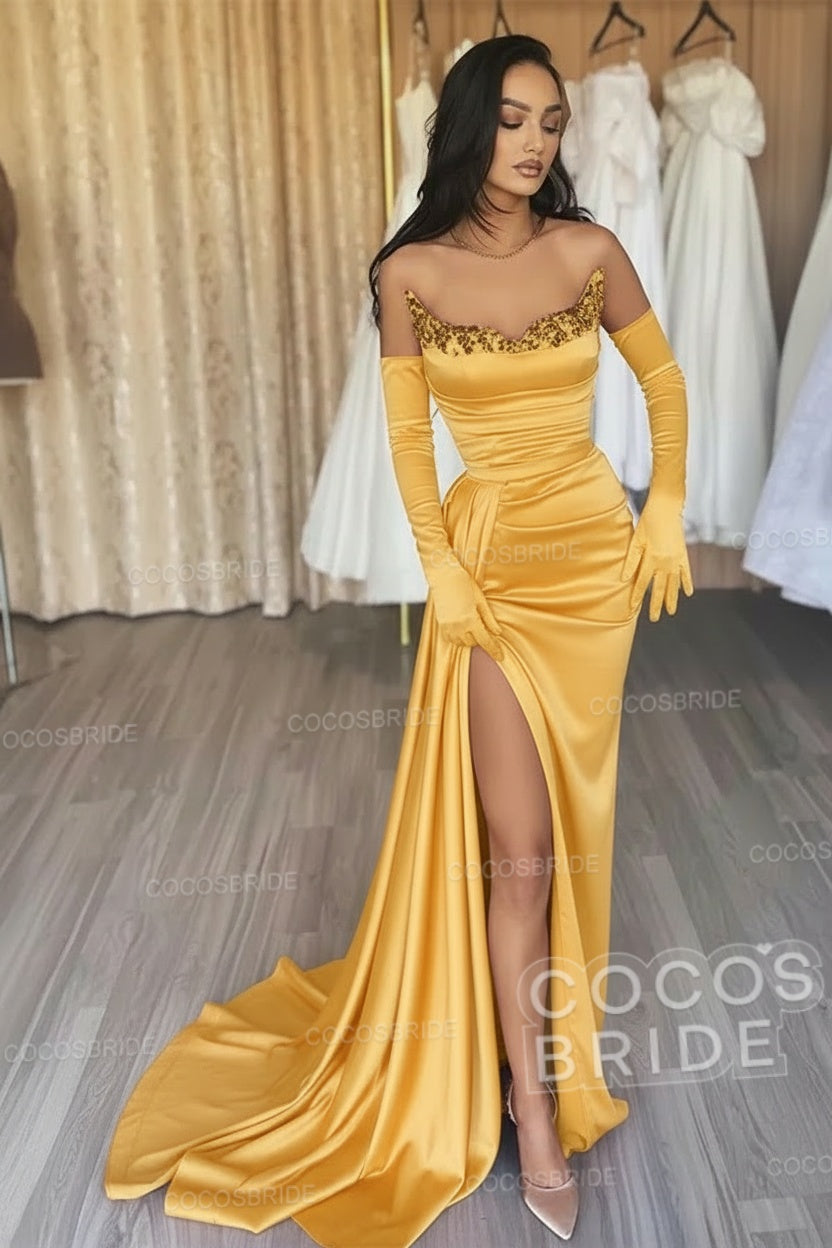 Black Long Mermaid Satin Sweetheart High Split Prom Dresses