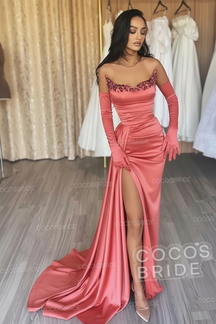 Black Long Mermaid Satin Sweetheart High Split Prom Dresses