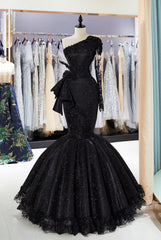 Black One Shoulder Long Sleeve Appliques Lace Sequins Mermaid Formal Dress