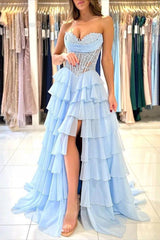 Blue Sweetheart A-line Prom Dress with Ruffles and High-split