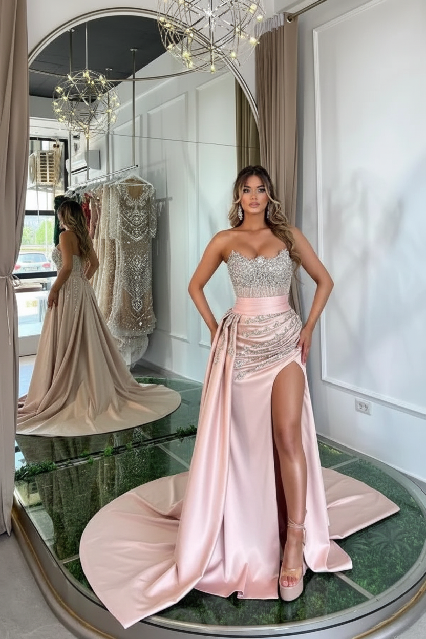 Luxury Mermaid Sweetheart Satin Long Beading Prom Dress with Split