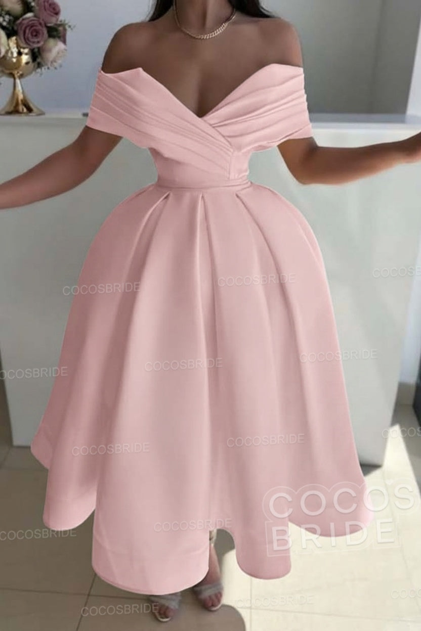 Off the Shoulder A-Line Satin Prom Dress with Pleated