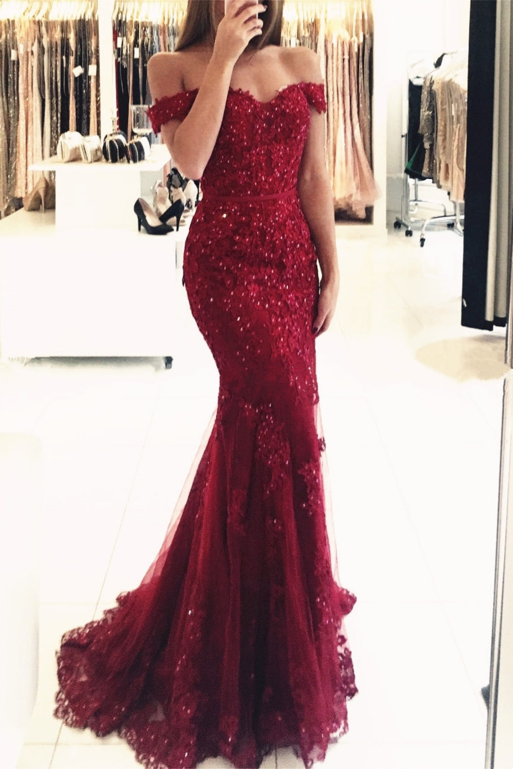 Burgundy Long Mermaid Off the Shoulder Tulle Beaded Lace Prom Dresses